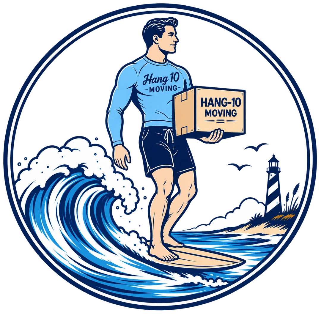 A logotype that says Hang 10 Moving EST. 20