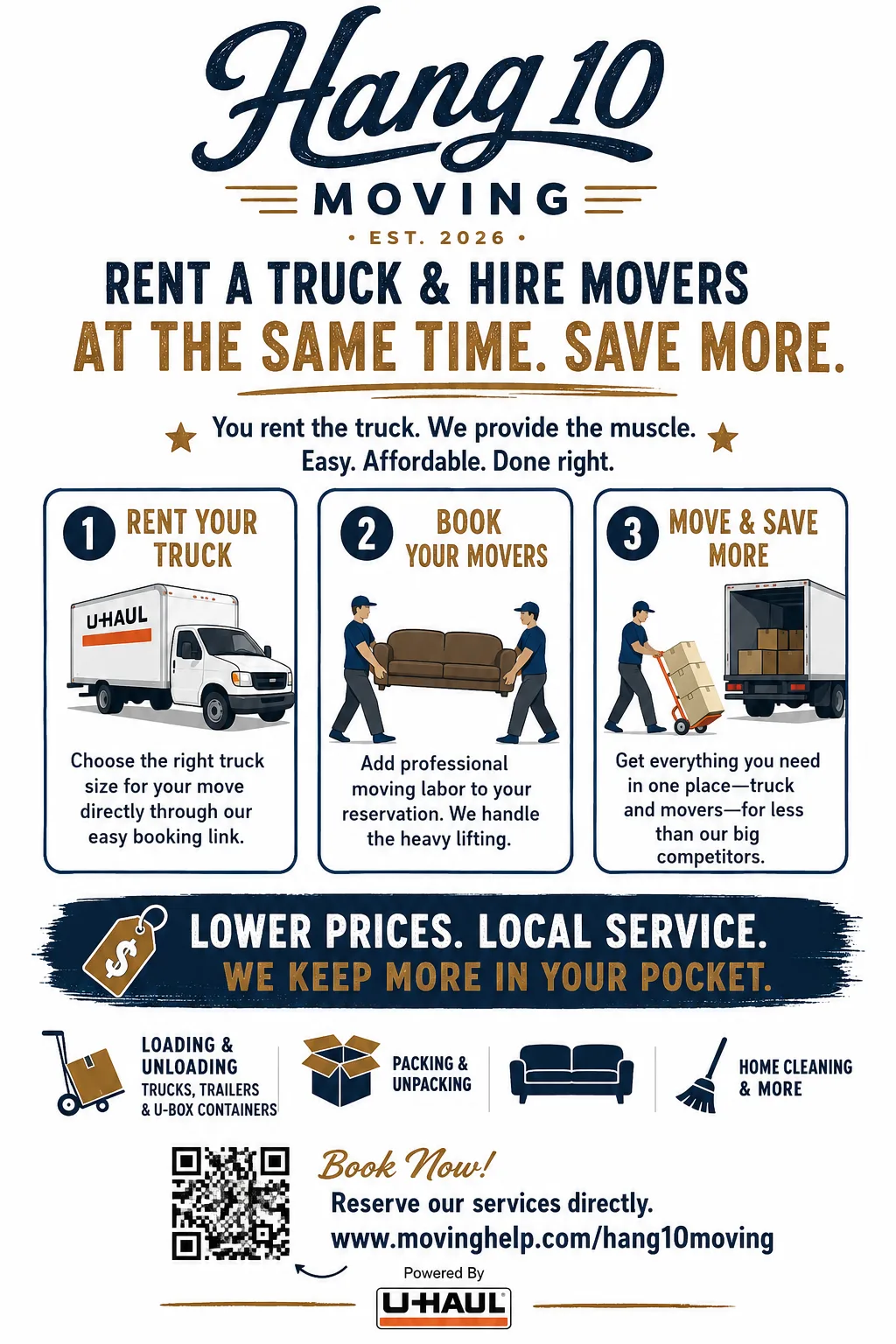Two movers carry a couch into a truck. A flyer promoting two movers for 70 dollars an hour.